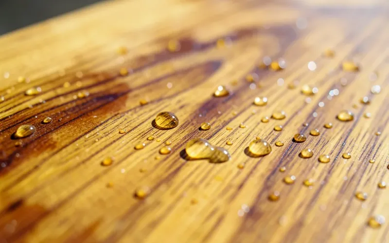 water beading on the oiled surface of a raw teak wood plank water beading on the oiled surface of a raw teak wood plank