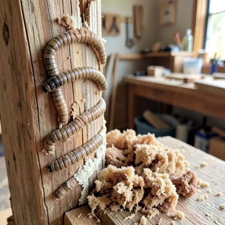 Termite mud tubes on a wood post next to a patch of soft, crumbly wood rot