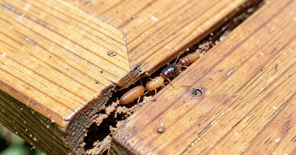 termite damage and tunneling on the corner of a cedar wood plank