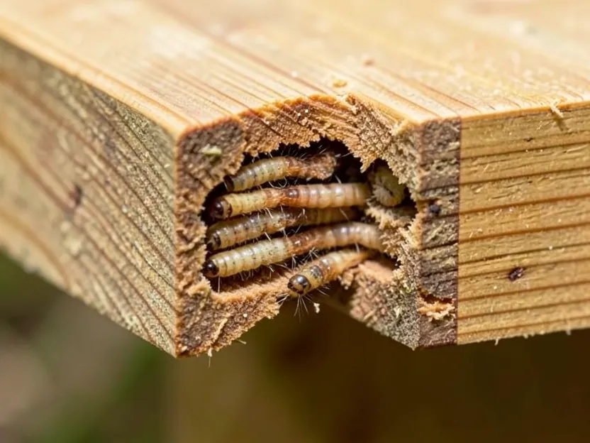 Termite galleries tunneled with the wood grain inside a split beam