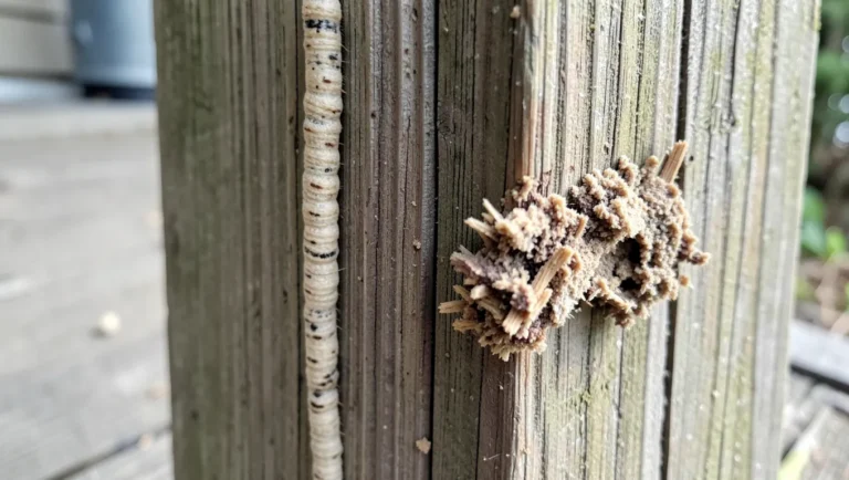 Termite mud tubes on a wood post next to a patch of soft, crumbly wood rot