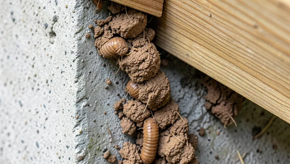 Subterranean termite mud tubes on a foundation wall near a wood sill plate