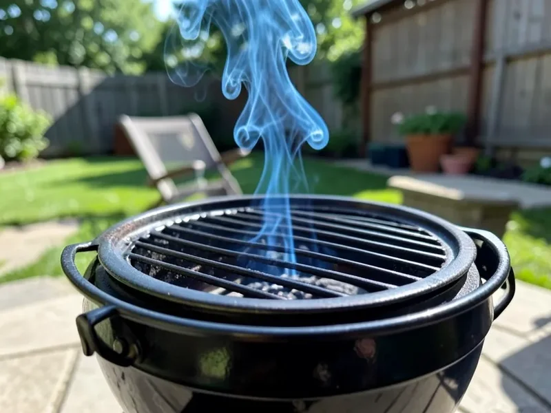 Thin blue smoke rising from a charcoal grill's vent