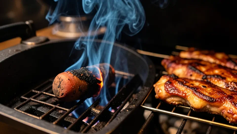 Thin blue smoke from a pellet tube smoking ribs inside a grill