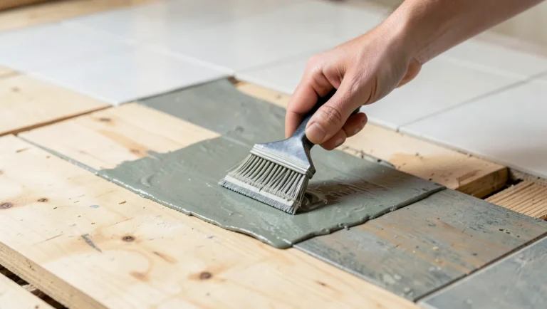Applying a waterproofing membrane over a plywood subfloor before tiling