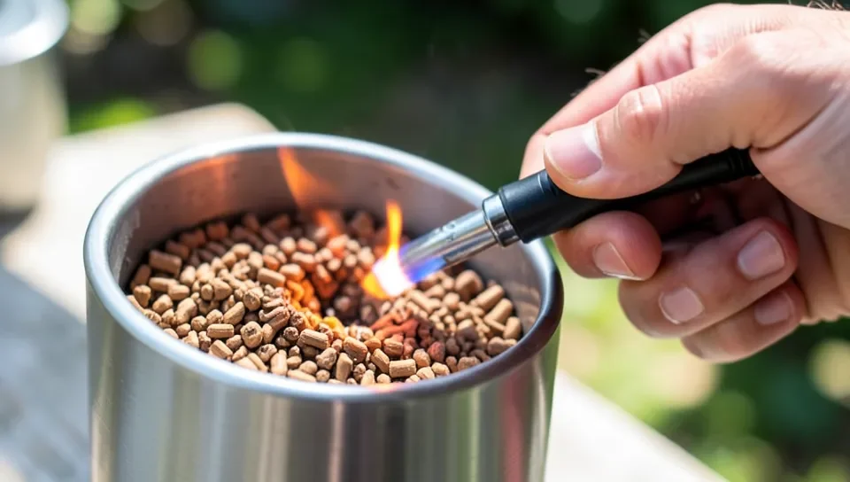 Using a butane torch to light wood pellets in a smoker tube