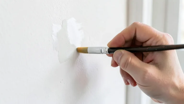 Touching up a scuff mark on a white wall with a small paintbrush