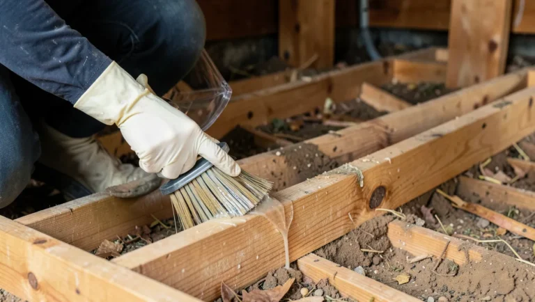Applying borate wood preservative to bare wood joists with gloves and eye protection