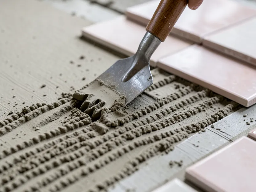 Notched trowel spreading thin-set mortar in ridges before setting tile