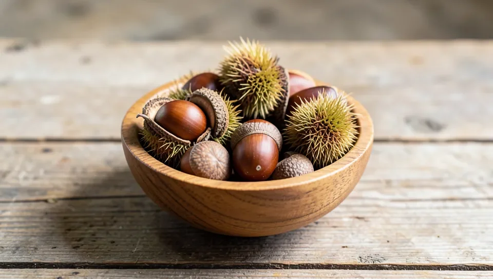 A bowl of acorns, chestnuts, and hickory nuts, real true nuts
