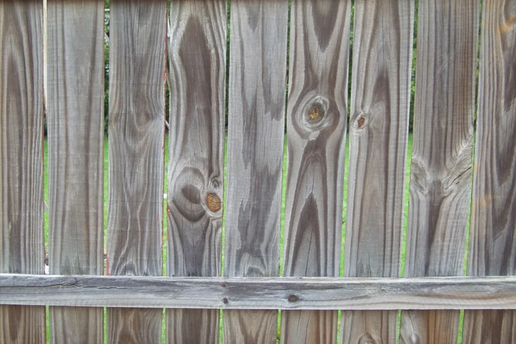 Weathered gray wood privacy fence boards showing natural aging over time