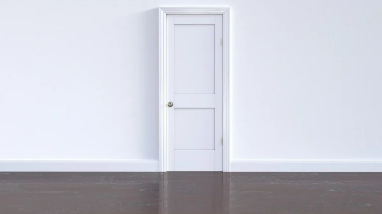 White interior wall with painted baseboard and door casing above a dark floor