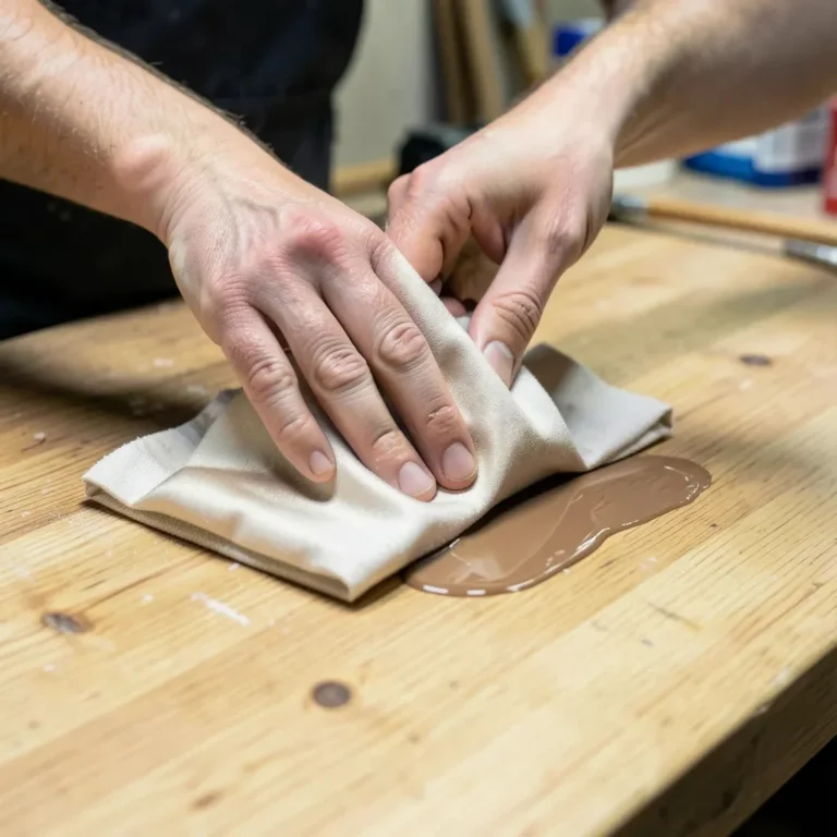Hands wiping satin varnish onto a wood tabletop with a cloth