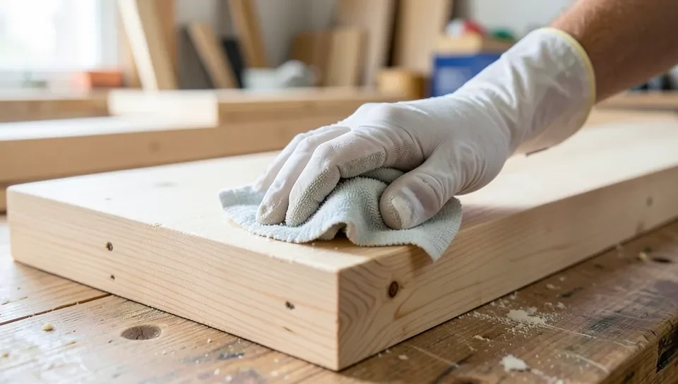Wiping bare wood with a solvent-dampened cloth before finishing