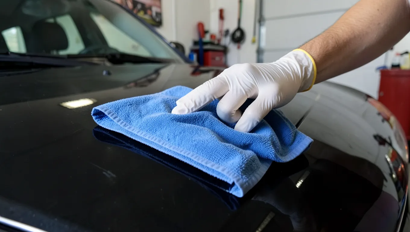 Gloved hand wiping a car hood with a blue microfiber towel