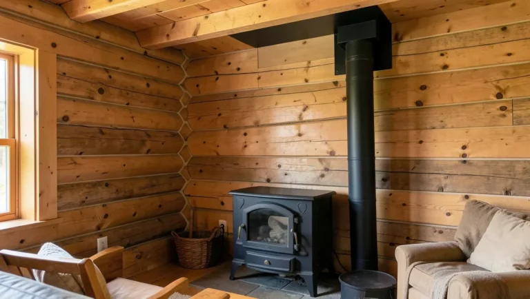 Black wood-burning stove with double-wall stovepipe venting through the ceiling