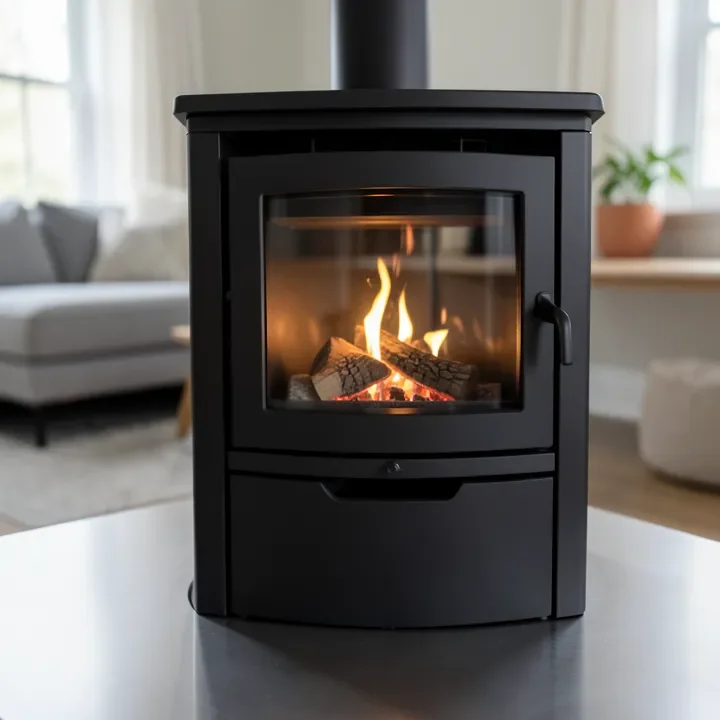 Modern wood stove burning in a living room