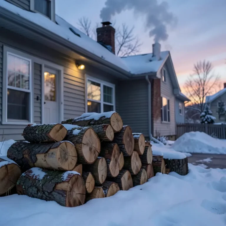 Stack of firewood beside a house with chimney smoke on a winter evening