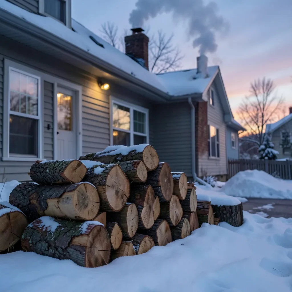 Stack of firewood beside a house with chimney smoke on a winter evening
