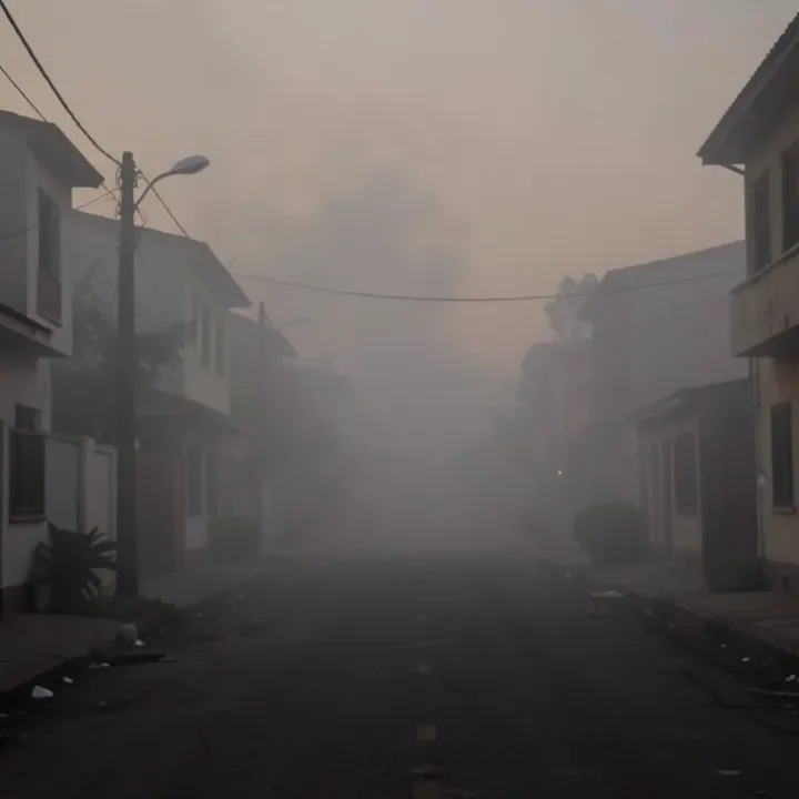 Hazy neighborhood street with visible air pollution from wood smoke