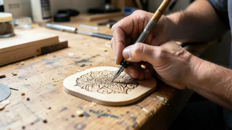 Person wood burning a detailed design into a light-colored wooden coaster
