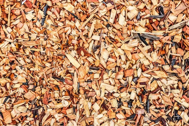 Close-up of colorful wood chip mulch, the kind used for garden beds and pathways