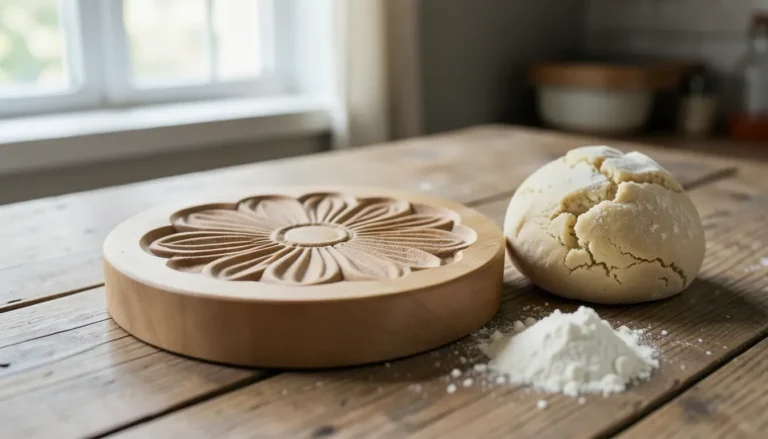 Carved wooden cookie mold with a floral design next to a ball of cookie dough