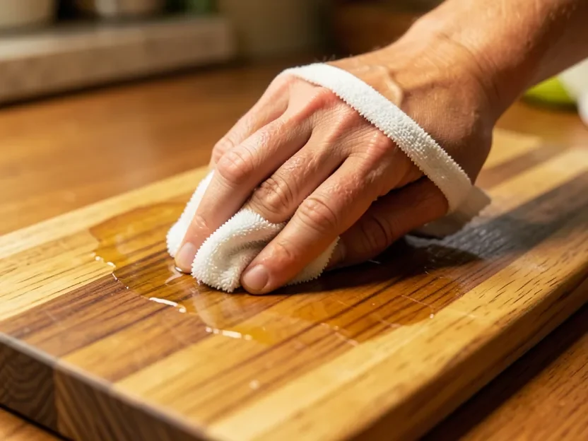 Rubbing food-safe oil conditioner into a wood countertop with a cloth