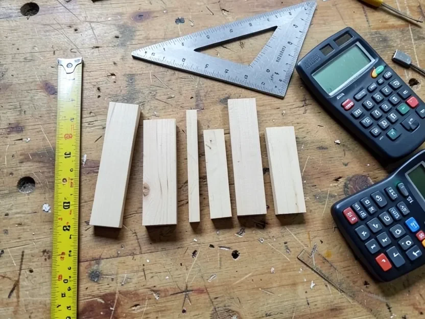 Cut wood pieces, tape measure, and calculator for building a lumber cut list