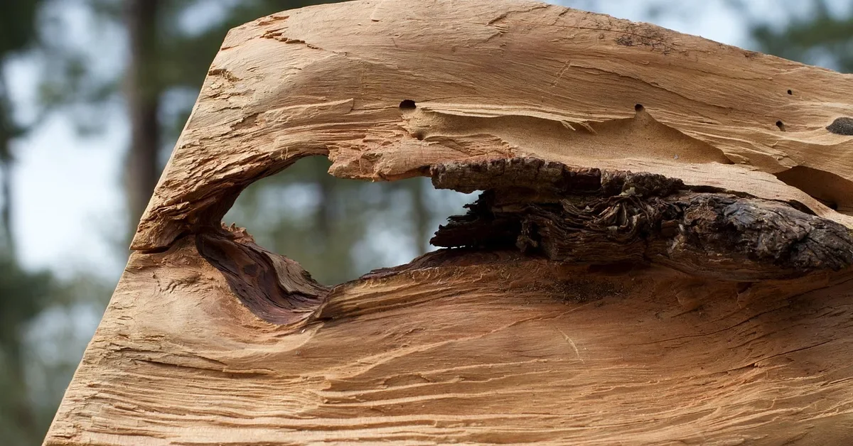 Large weathered hole in a board that needs structural repair before filling
