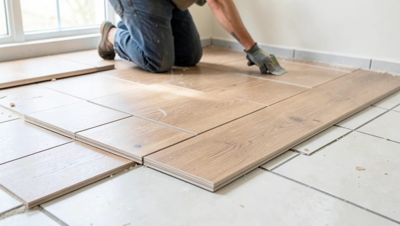 Engineered wood laminate flooring being installed over an existing tile floor