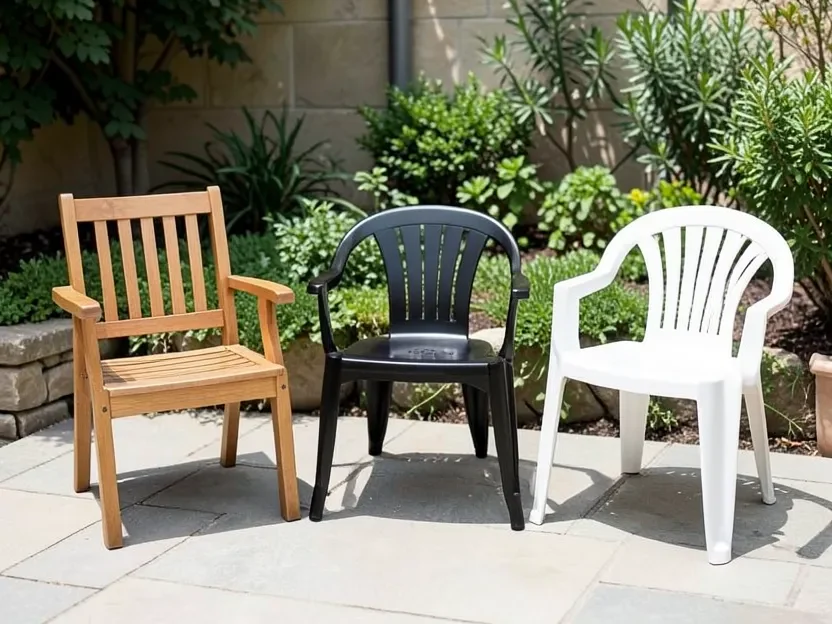 Outdoor furniture in different materials -- wood, resin, and plastic -- each needing different paint prep