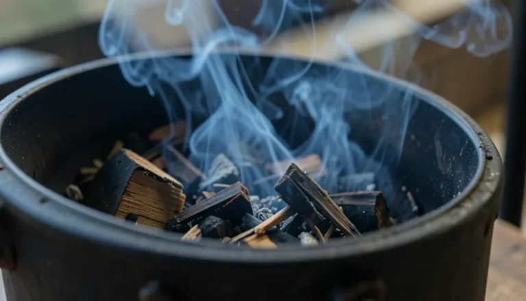 Wood chunks smoldering inside a smoker