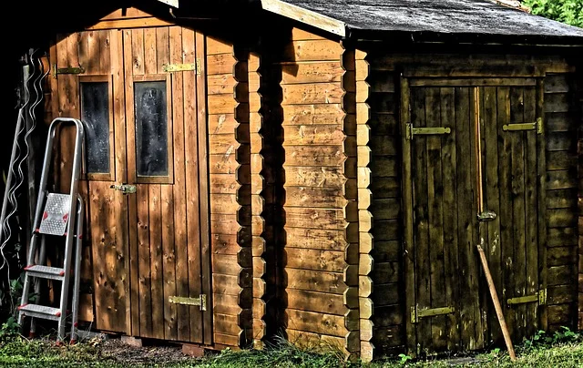Wood storage shed exterior showing natural wood grain siding and doors