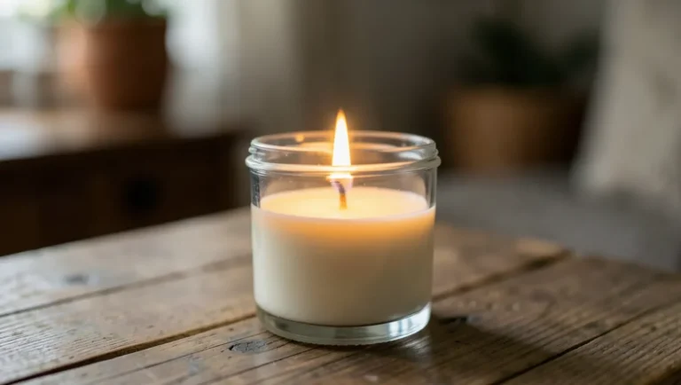 Lit wood wick candle with a crackling horizontal flame in a glass jar