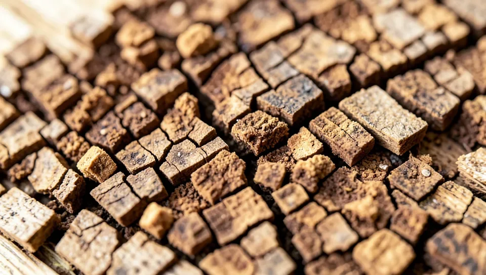 Wood rot cuboidal cracking pattern showing cube-shaped chunks of decayed wood
