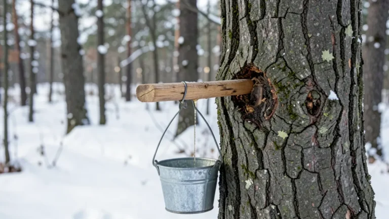 A DIY wooden tap in a maple tree with a bucket collecting sap