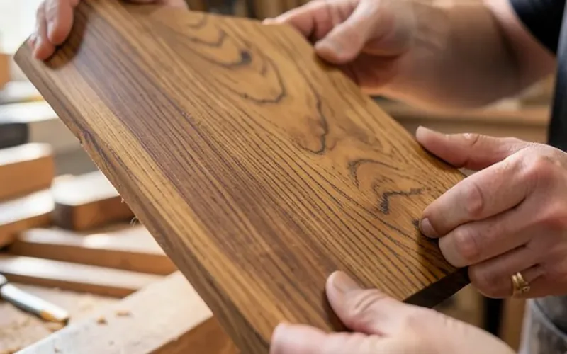 woodworker inspecting teak board grain pattern in a workshop woodworker inspecting teak board grain pattern in a workshop