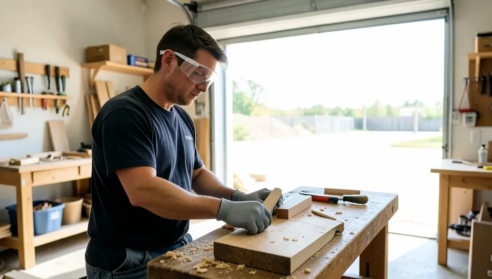 Woodworker wearing safety glasses and gloves near an open garage door for ventilation