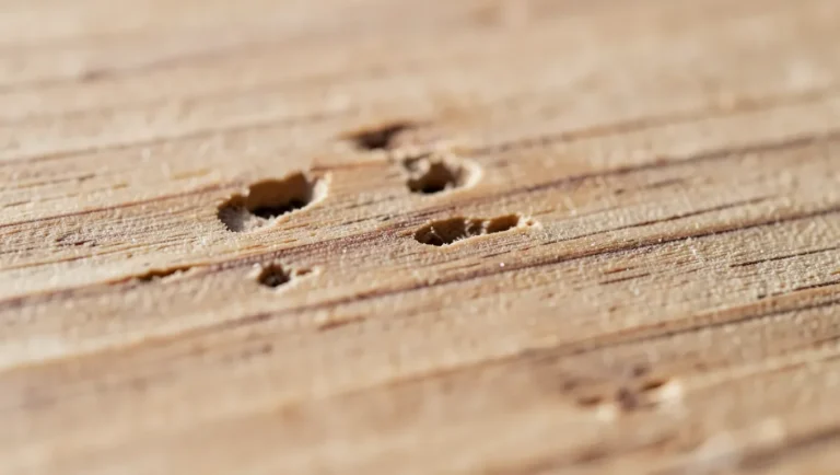 A wood board showing natural worm holes and tunnels