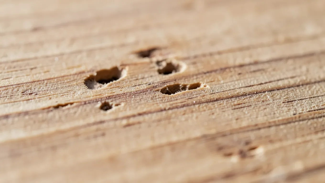 A wood board showing natural worm holes and tunnels
