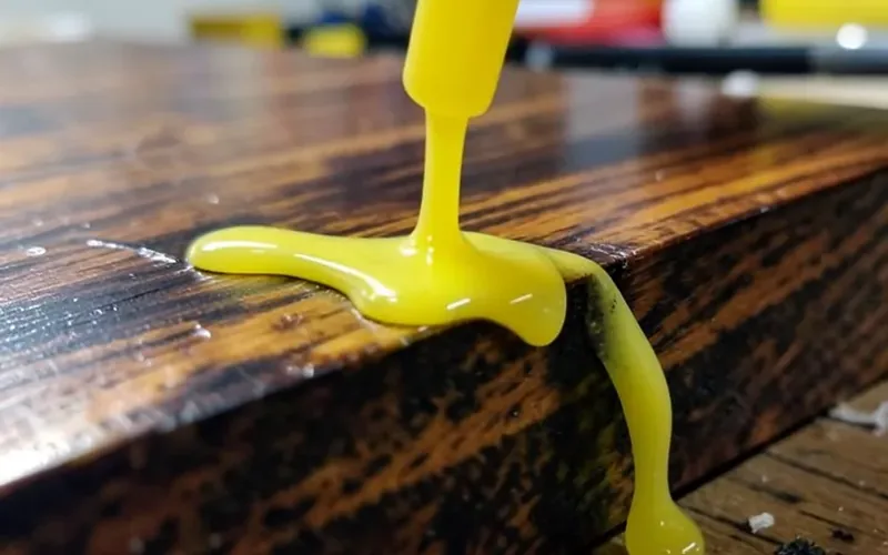 yellow PVA wood glue beading on the oily surface of an exotic hardwood board instead of soaking in yellow PVA wood glue beading on the oily surface of an exotic hardwood board instead of soaking in