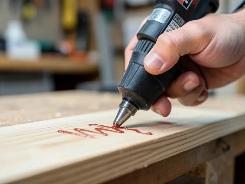 Zigzag bead of hot glue applied to wood for maximum surface contact