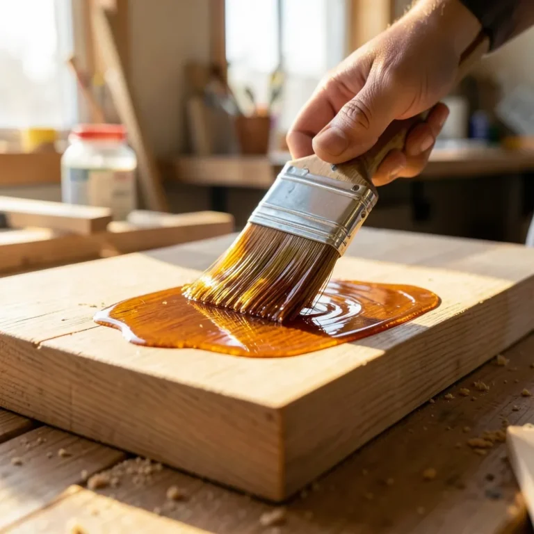 Brushing dewaxed shellac sealer onto a raw wood board