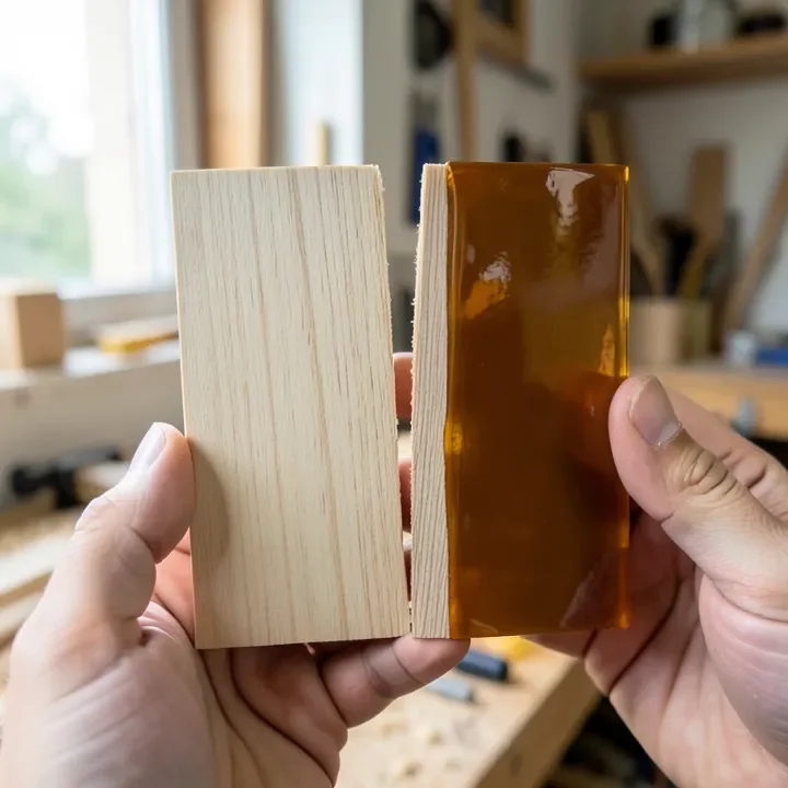 Raw wood next to a wood sample finished with clear amber shellac, comparing an unsealed and sealed surface