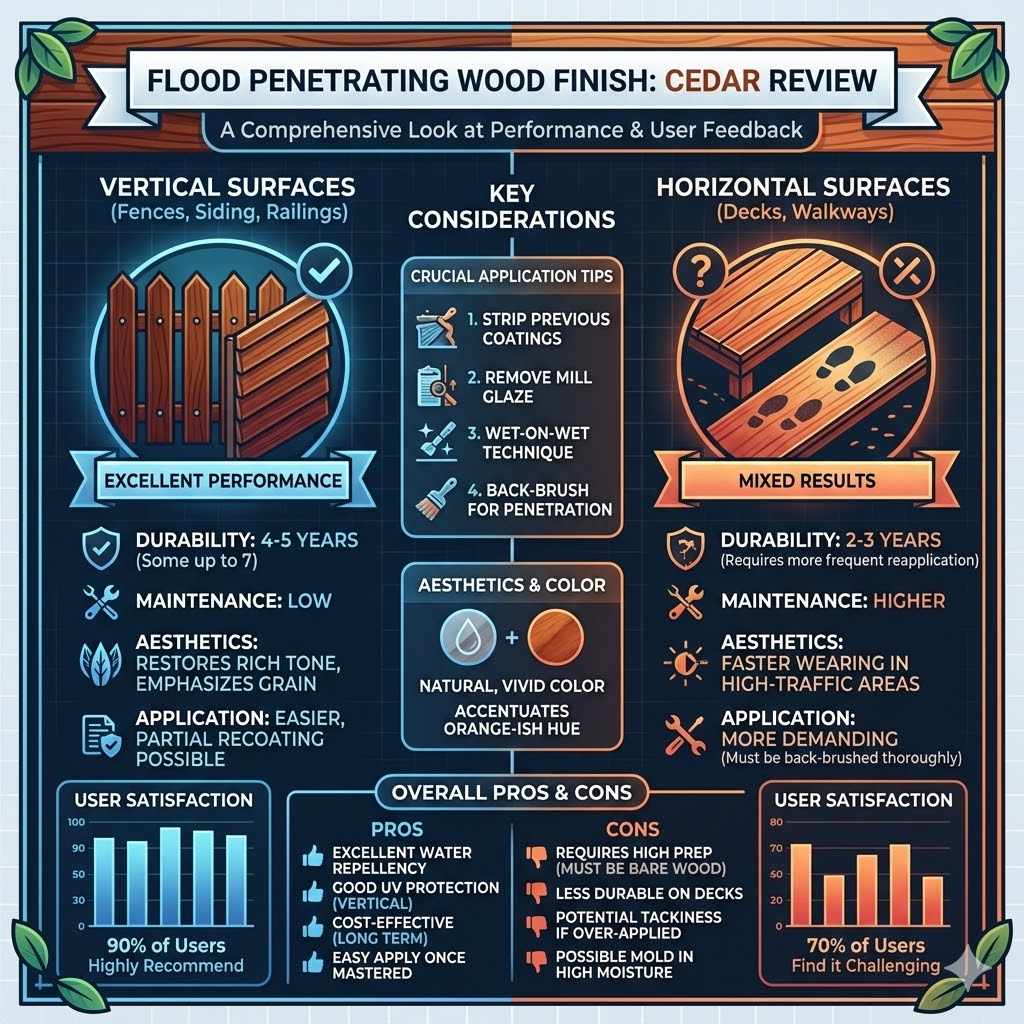 Flood Penetrating Wood Finish for Cedar Review Even the most durable wood benefits from a little care. Keeping your cedar projects in good shape will make them last even longer and look better. Simple steps can make a big difference over time. Sealing And Staining Cedar While cedar is naturally resistant to weather, applying a sealant or stain can add an extra layer of protection and enhance its color. It's not always necessary but it can help prevent graying and keep the wood looking its best. Choose a product designed for outdoor wood use. When To Seal Or Stain If you want to maintain the original reddish-brown color of the cedar you should apply a UV-blocking sealant or stain. If you don't mind the wood turning a silvery gray color over time then you can skip this step. Most people find the graying attractive on its own. Cleaning Your Cedar Projects Regular cleaning will help your cedar projects look good. Sweep off debris and wash them with mild soap and water. Avoid harsh chemicals that can damage the wood. If mold or mildew starts to form use a specific wood cleaner designed for cedar. Dealing With Mildew Mildew can appear on wood surfaces especially in damp or shady areas. A solution of one part bleach to three parts water can kill mildew. Always test this solution on an inconspicuous spot first. Rinse the area thoroughly with plain water afterwards. Protection From Extreme Conditions In areas with very harsh weather you might consider additional protection. For decks this could mean ensuring proper drainage. For fences it could mean using sturdy posts set in concrete to prevent leaning. These steps help your cedar withstand the worst conditions.