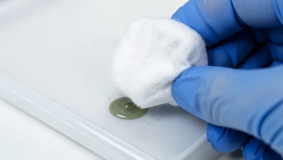 Holding an acetone-soaked cotton ball on a glue spot