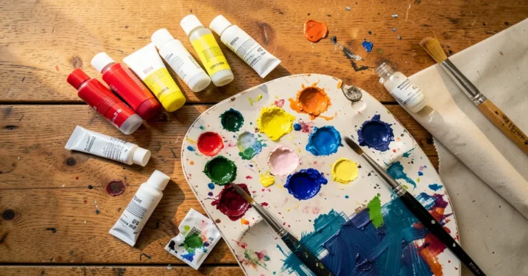 Acrylic paint, brushes, and palette laid out for a beginner painting project