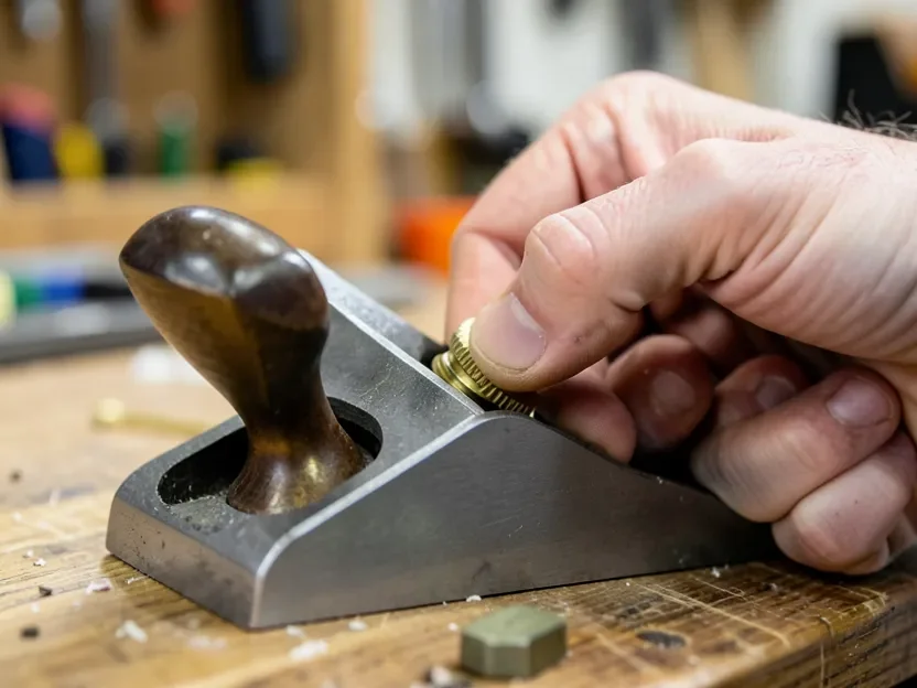 Woodworker adjusting the brass depth adjustment knob on the back of a metal hand plane