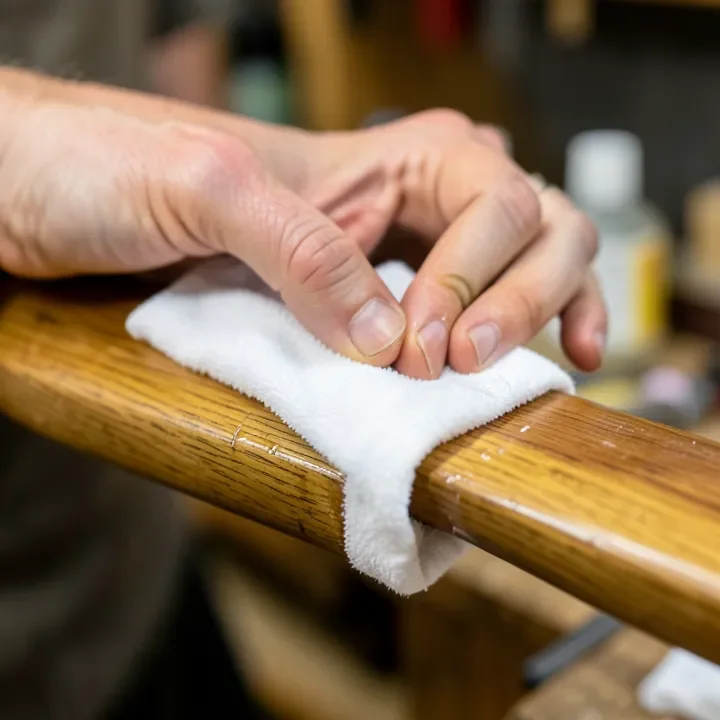 Hands rubbing diluted cedarwood oil onto a wooden tool handle with a cloth